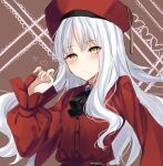  1girl bangs beret breasts brooch caren_hortensia closed_mouth dress fate/grand_order fate_(series) hat highres jewelry long_hair long_sleeves looking_at_viewer neck_ribbon red_dress red_headwear ribbon small_breasts wavy_hair white_hair yellow_eyes zhu_li 