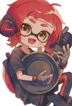  1girl :d ahoge behind-the-head_headphones black_leggings black_shirt black_shorts blush commentary_request fang fingerless_gloves gloves grey_gloves headphones highres holding holding_weapon ink_tank_(splatoon) inkling inkling_girl inkling_player_character leggings leggings_under_shorts looking_at_viewer nautilus_(splatoon) ochocho2828 open_mouth red_hair shirt short_hair short_sleeves shorts simple_background skin_fang smile solo splatoon_(series) splatoon_3 t-shirt tentacle_hair weapon white_background yellow_eyes 