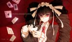  1girl artist_name bangs black_hair black_nails bonnet brown_jacket card celestia_ludenberg center_frills character_name coffee_cup collared_shirt commentary cup danganronpa:_trigger_happy_havoc danganronpa_(series) disposable_cup drill_hair earrings english_commentary frills gothic_lolita hair_ribbon hairband hews holding jacket jewelry lolita_fashion lolita_hairband long_hair long_sleeves looking_at_viewer monokuma nail_polish necktie pink_eyes playing_card red_background red_neckwear ribbon shirt smile twin_drills twintails white_shirt 