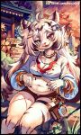  1girl ahoge animal_ears blush book breasts brown_shorts cleavage commentary commission crop_top english_commentary fangs feet_out_of_frame furry furry_female grass grey_hair hair_between_eyes hair_ornament hairclip hannah_(mahjong_soul) jewelry large_breasts long_bangs long_hair long_sleeves looking_at_viewer mahjong_soul midriff mogy64 navel open_mouth orange_sky outdoors pink_eyes plump shirt short_shorts shorts shrine sitting sky smile solo striped_hair tail tiger_ears tiger_girl tiger_tail very_long_hair white_shirt 