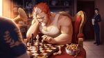  3boys artist_request bara bare_arms bare_shoulders beard butler chess_piece chessboard elbow_rest facial_hair gyee highres instrument_request large_pectorals male_cleavage male_focus multicolored_hair multiple_boys muscular muscular_male mustache official_art old old_man red_hair short_hair sidepec solo_focus streaked_hair tank_top white_hair white_tank_top will_(gyee) 