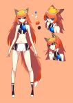  1girl angry animal_ear_fluff animal_ears bangs blue_eyes clenched_teeth crop_top firefox fox_ears fox_girl from_above frown halter_top halterneck highres i.takashi looking_down looking_to_the_side multiple_views orange_background palette personification short_shorts shorts teeth v-shaped_eyebrows 