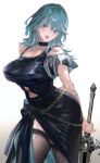  1girl aqua_hair arm_behind_back black_dress black_thighhighs blue_eyes breasts byleth_(female)_(fire_emblem) byleth_(fire_emblem) cleavage clothing_cutout commentary_request cowboy_shot dress fire_emblem fire_emblem:_three_houses highres holding holding_sword holding_weapon large_breasts maeshima_shigeki medium_hair navel navel_cutout open_mouth simple_background solo sword teeth thighhighs upper_teeth_only weapon white_background 