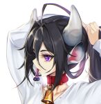  1girl ahoge animal_ears arms_up bell black_hair blueorca collar collarbone cow_ears cow_girl cow_horns cowbell cropped hair_between_eyes horns long_hair mole mole_under_mouth mouth_hold original purple_eyes red_collar red_lips simple_background solo tying_hair upper_body white_background 