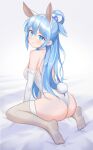  1girl absurdres animal_ears aqua_(konosuba) ass bangs bare_shoulders bed_sheet blue_eyes blue_hair blush breasts bunny_ears bunny_tail commentary fake_animal_ears frilled_gloves frills from_behind gloves haeil2 hair_rings highres kono_subarashii_sekai_ni_shukufuku_wo! leotard long_hair looking_at_viewer looking_back no_shoes parted_lips playboy_bunny revision sitting skindentation solo tail thighhighs wariza white_background white_leotard 