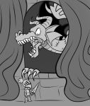 2024 2_horns 3_fingers ambiguous_gender angry anthro armor beastofeuthanasia boots claws clothing curved_horn digital_drawing_(artwork) digital_media_(artwork) dragon duo ear_frill english_description european_mythology finger_claws fingers flat_colors footwear frill_(anatomy) furrowed_brow grey_body grey_scales grey_spines grey_tongue greyscale headgear helmet hi_res holding_melee_weapon holding_object holding_sword holding_weapon horn human knight larger_anthro looking_at_another male male_human mammal medieval melee_weapon membrane_(anatomy) membranous_wings monochrome mythological_creature mythological_scalie mythology neck_spines open_mouth pauldron pupils scales scalie sharp_teeth shoes size_difference slit_pupils smaller_human smaller_male spines standing stone_wall sword teeth tongue wall_(structure) warrior weapon western_dragon white_claws window window_curtains wing_claws wings