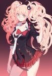  1girl absurdres bangs bear_hair_ornament black_bra black_choker black_neckwear black_shirt blonde_hair blue_eyes bow bra breasts choker cleavage collarbone commentary_request contrapposto cowboy_shot danganronpa:_trigger_happy_havoc danganronpa_(series) dj.adonis enoshima_junko hair_ornament hand_up highres long_hair looking_at_viewer medium_breasts miniskirt nail_polish necktie pleated_skirt red_bow red_nails red_skirt school_uniform shirt skirt sleeves_rolled_up smile solo twintails underwear very_long_hair white_neckwear 