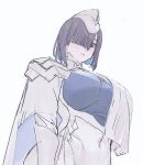  1girl black_hair breasts commentary_request covered_navel fire_emblem fire_emblem_heroes from_below garrison_cap hair_over_one_eye hat hodr_(fire_emblem) huge_breasts looking_at_viewer looking_down maeshima_shigeki multicolored_hair simple_background sketch solo white_background 