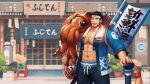  1boy abs animal artist_request banner bara bare_pecs beard black_hair black_shorts bulge chest_hair closed_eyes facial_hair full_body gyee happi headband highres japanese_clothes kimono large_pectorals leg_hair male_focus mature_male muscular muscular_male navel navel_hair official_alternate_costume official_art open_clothes open_kimono oversized_animal planted_weapon short_hair short_kimono shorts sig_(gyee) smile solo squid stomach towel towel_around_neck weapon 