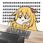  akai_haato bangs blonde_hair closed_mouth hair_ornament heart heart_hair_ornament hololive keyboard_(computer) kira_dx_kira severed_head sound_effects typing white_background 