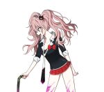  1girl 3tn_63 arm_behind_back bangs bear_hair_ornament black_bra black_shirt blue_eyes bow bra breasts cleavage collarbone danganronpa:_trigger_happy_havoc danganronpa_(series) danganronpa_2:_goodbye_despair enoshima_junko from_side green_neckwear hair_ornament highres hinata_hajime leaning_forward long_hair long_sleeves medium_breasts miniskirt nail_polish necktie open_mouth pale_skin pink_blood pink_hair plaid plaid_skirt pleated_skirt profile red_bow red_nails red_skirt shirt simple_background skirt sleeves_rolled_up smile solo standing twintails underwear white_background 