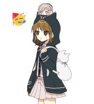  1boy 1girl 3tn_63 animal_ears backpack bag bangs beige_skirt black_jacket blush brown_eyes brown_hair cat_bag cat_ears chibi chibi_inset collared_shirt commentary_request cosplay cowboy_shot danganronpa:_trigger_happy_havoc danganronpa_(series) danganronpa_2:_goodbye_despair dress_shirt emoji fake_animal_ears flipped_hair fujisaki_chihiro hair_ornament hairclip hood hood_up hooded_jacket jacket long_sleeves miniskirt nanami_chiaki nanami_chiaki_(cosplay) neck_ribbon open_mouth pink_neckwear pink_ribbon pleated_skirt ribbon shiny shiny_hair shirt shirt_tucked_in short_hair simple_background skirt smile white_background white_shirt 