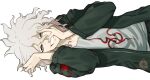  1boy ahoge bangs collarbone commentary cowboy_shot crazy_eyes danganronpa_(series) danganronpa_2:_goodbye_despair green_jacket grey_background grey_eyes grey_hair hair_between_eyes hand_in_hair hands_on_own_face hands_up jacket komaeda_nagito kukumomo long_sleeves looking_at_viewer male_focus medium_hair messy_hair open_clothes pants shirt simple_background smile solo teeth upper_body white_background white_shirt 