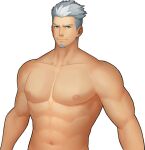  1boy abs artist_request bara completely_nude facial_hair game_cg goatee gyee large_pectorals looking_at_viewer male_focus miles_(gyee) muscular muscular_male navel nipples nude official_art short_hair silver_hair solo stomach undercut 
