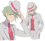  1boy amami_rantarou bangs closed_mouth collared_shirt commentary_request danganronpa_(series) danganronpa_10th_anniversary_costume danganronpa_v3:_killing_harmony fedora formal green_eyes green_hair hand_in_pocket hand_up hat jacket long_sleeves looking_at_viewer male_focus multiple_views nabu_(d4ng4nn6bu12) necktie official_alternate_costume pants pink_neckwear pink_vest shirt short_hair simple_background sketch smile striped suit upper_body vest white_background white_jacket white_pants 