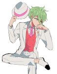  1boy amami_rantarou bangs black_footwear commentary_request danganronpa_(series) danganronpa_10th_anniversary_costume danganronpa_v3:_killing_harmony double-breasted fedora formal green_eyes green_hair hands_up hat hat_removed headwear_removed holding invisible_chair jacket long_sleeves male_focus messy_hair nabu_(d4ng4nn6bu12) necktie official_alternate_costume open_clothes open_jacket pants pink_neckwear red_vest shirt shoes short_hair simple_background sitting solo suit vest white_background white_footwear white_jacket white_pants 