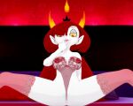 2021 big_breasts blackflames3 breasts clothing crown demon disney fangs female fire hair hekapoo horn horned_humanoid humanoid koikatsu_(game) legwear lingerie not_furry one_eye_obstructed orange_eyes red_hair seductive solo spikes star_vs._the_forces_of_evil stockings tiara white_body yellow_sclera 