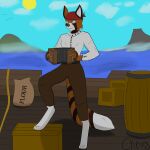  1:1 absurd_res ailurid amadeus_redfur_(character) anthro blouse chriss_(artist) clothing colored concertina day eyes_closed fluffy fluffy_tail hi_res holding_object male mammal pirate red_panda scenery sea shadow ship solo standing standing_on_object topwear vehicle water watercraft 
