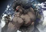  1boy berserker black_hair dark_skin dark_skinned_male fate/stay_night fate_(series) heterochromia highres long_hair male_focus muscular nishiide_kengorou red_eyes roaring shockwave yellow_eyes 