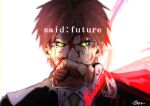  1boy artist_name bangs baru_(bar_0405) black_jacket blood blood_on_face bloody_hands brown_hair commentary_request covering_mouth crying danganronpa_(series) danganronpa_3_(anime) english_text glowing glowing_eyes green_eyes hand_up highres jacket looking_at_viewer male_focus naegi_makoto official_alternate_costume short_hair signature solo streaming_tears tears upper_body white_background 