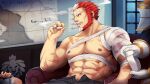  1boy abs applying_bandages bandaged_arm bandages bara bare_pecs beard cigarette facial_hair gyee highres holding holding_cigarette injury large_pectorals male_focus male_pubic_hair multicolored_hair muscular muscular_male mustache navel nipples official_art old old_man open_pants pants pubic_hair red_hair scar scar_on_chest scar_on_stomach short_hair skindentation smoking solo_focus stomach streaked_hair white_hair will_(gyee) zifuuuun 