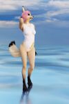  2:3 3d_(artwork) anthro breasts canid canine canis claws clothed clothing digital_media_(artwork) female fox fur hair hi_res impreza mammal multicolored_body open_mouth outside pink_hair simple_background smile solo swimwear tan_body tan_fur tridognait water 