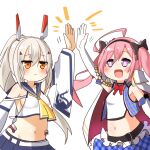  2girls :d akaoni_(zumt3548) arm_up armpits ayanami_(azur_lane) azur_lane bangs belt bow breasts cape collarbone commentary_request detached_sleeves elbow_gloves eyebrows_visible_through_hair eyes_visible_through_hair frilled_skirt frills gloves hair_bow hair_ornament hair_ribbon hairband hairclip headgear high_five long_hair looking_at_another midriff multiple_girls navel open_mouth orange_eyes pink_hair plaid plaid_skirt pleated_skirt ponytail purple_eyes retrofit_(azur_lane) ribbon saratoga_(azur_lane) school_uniform serafuku sideboob sidelocks silver_hair simple_background skirt slit_pupils smile twintails white_background white_gloves wide_sleeves 