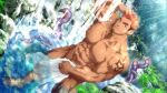  1boy abs bara beard blue_eyes brown_hair completely_nude covering covering_crotch dark_skin dark_skinned_male day dutch_angle eyeball facial_hair gyee hand_on_own_head highres konohanaya large_pectorals looking_at_viewer male_focus manly mature_male multicolored_hair muscular muscular_male navel nipples nude official_art one_eye_closed orange_hair outdoors plant public_nudity rand_(gyee) rock short_hair shoulder_tattoo smile smirk solo stomach stubble sunlight tattoo tentacles thick_thighs thighs towel two-tone_hair undercut veins water waterfall wet 