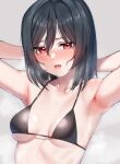  1girl armpits arms_behind_head bare_arms bare_shoulders bikini black_bikini black_hair blush breasts collarbone commentary fang grey_background hair_between_eyes halterneck hands_up heavy_breathing highres long_bangs looking_at_viewer love_live! love_live!_nijigasaki_high_school_idol_club medium_hair mifune_shioriko nasuno_(nasuno42) nose_blush parted_lips presenting_armpit raised_eyebrows red_eyes ribs simple_background small_breasts solo steaming_body string_bikini sweat swimsuit upper_body wet wet_hair 