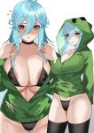  1girl areola_slip areolae bikini bikini_under_clothes black_bikini blue_hair blush breasts brown_eyes cleavage commission creeparka creeper hair_between_eyes heart highres hood hood_up large_breasts lilycious long_hair looking_at_viewer minecraft multiple_views open_hands personification swimsuit thighhighs torn_clothes torn_hoodie 