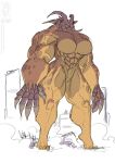  2021 abs anthro big_breasts breasts building claws conditional_dnp empty_eyes featureless_breasts featureless_crotch female fur green_eyes horn jollyjack kaiju mammal muscular muscular_arms muscular_female muscular_thighs nude restricted_palette skyscraper solo tan_body tan_fur 