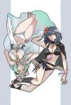  2girls alternate_costume alternate_hairstyle amulet batoson54 bikini bikini_top blue_eyes breasts byleth_(fire_emblem) byleth_(fire_emblem)_(female) cape dagger fire_emblem fire_emblem:_three_houses fire_emblem_heroes flower green_eyes green_hair hair_flower hair_ornament hand_in_hair hand_on_own_chest hand_up head_wreath highres large_breasts legs_together looking_at_viewer multiple_girls pale_skin rhea_(fire_emblem) smile swimsuit thighs toes upside-down weapon white_background 