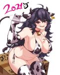  1girl 2021 absurdres ahoge animal_ears animal_print arm_up armpits bangs bell bell_collar bikini blush bottle box breasts cardboard_box chinese_zodiac cleanerjay cleavage collar collarbone covered_nipples cow_ears cow_print cow_tail cowbell cowboy_shot elbow_gloves fake_animal_ears gen_2_pokemon gloves hairband hex_maniac_(pokemon) highres large_breasts long_hair looking_at_viewer messy_hair milk_bottle milking_machine miltank moomoo_milk navel open_mouth pokemon pokemon_(creature) pokemon_(game) pokemon_xy purple_eyes purple_hair purple_hairband red_collar revision side-tie_bikini simple_background sitting smile solo spiral_eyes swimsuit tail thighhighs white_background year_of_the_ox 