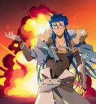  1boy belt bespectacled blue_hair bracelet capelet closed_mouth cu_chulainn_(fate)_(all) cu_chulainn_(fate/grand_order) earrings elbow_gloves explosion fate/grand_order fate_(series) fingerless_gloves fur-trimmed_hood fur_trim glasses gloves highres hood hood_down hooded_capelet jewelry long_hair male_focus multiple_piercings one_eye_closed red_eyes smile solo spiked_hair tank_top vambraces yukota_2631 