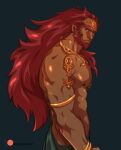  1boy artist_name bangs bara beard cowboy_shot dark_skin dark_skinned_male earrings facial_hair from_side ganondorf gerudo highres hydrated_ganon jewelry kukumomo long_hair looking_at_viewer male_focus muscular pointy_ears red_eyes red_hair shiny shiny_hair solo symbol_commentary the_legend_of_zelda 