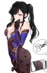  1girl bangs bare_shoulders black_eyes black_gloves black_hair black_legwear blush bodystocking breasts cellphone cosplay covered_navel genshin_impact gloves highleg highleg_leotard highres komi-san_wa_komyushou_desu komi_shouko leotard lips long_hair looking_at_viewer mamimi_(mamamimi) medium_breasts mona_(genshin_impact) mona_(genshin_impact)_(cosplay) pantyhose parted_lips phone simple_background smartphone solo_focus standing twintails white_background 