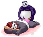  2021 anthro belly black_body black_fur black_nose bulge butt clothing duo eyes_closed fur giant_panda hi_res humanoid_hands itazura_igen male male/male mammal moobs nipples overweight overweight_male tongue tongue_out underwear undressing ursid white_body white_fur 