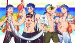  4boys abs alternate_costume alternate_hairstyle bike_shorts blue_hair bodypaint bulge character_name chibi closed_mouth collared_shirt contemporary crescent_necklace cu_chulainn_(fate)_(all) cu_chulainn_(fate/grand_order) cu_chulainn_(fate/prototype) cu_chulainn_alter_(fate/grand_order) cup dark_persona dated earrings eating eyewear_on_head facepaint fang fate/grand_order fate/prototype fate/stay_night fate_(series) fish food gae_bolg_(fate) goggles goggles_around_neck grin groin hair_bun happy_birthday hawaiian_shirt highres holding holding_cup holding_polearm holding_weapon ice_cream jewelry lancer long_hair looking_at_viewer male_swimwear mini_cu-chan_(fate) multiple_boys muscular navel nipples oarfish one_eye_closed open_clothes open_mouth open_shirt pectorals polearm ponytail red_eyes red_snapper shirt shirtless short_sleeves skin_tight smile spiked_hair spikes swim_trunks swimwear tail twitter_username visor_cap weapon yukota_2631 