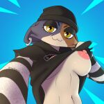 :3 abs absurd_res anthro areola beanie big_breasts big_ears big_eyes breasts camera clothed clothing clothing_lift ear_piercing epic_games erect_nipples eyelids felid feline female fortnite hat headgear headwear hi_res holding_camera holding_object hoodie looking_at_viewer mammal mehtrashycoon meow_skulls navel nipples pattern_clothing piercing raised_clothing relaxed_expression revealing_breasts simple_background small_eyebrows solo striped_clothing stripes topwear torn_clothing