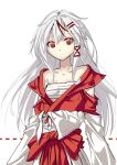  1girl bangs bare_shoulders borrowed_character chinese_zodiac collarbone eyebrows_visible_through_hair grey_hair highres i.takashi japanese_clothes long_hair looking_at_viewer miko multicolored_hair off_shoulder original red_hair streaked_hair white_background white_hair year_of_the_rooster 