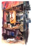  1boy cat closed_eyes collared_shirt commentary cowboy_bebop cup english_commentary food_stand formal_clothes glass hanging_lantern itoscaresme lantern male_focus painting_(medium) shirt short_sleeves sleeping spike_spiegel traditional_media translation_request watercolor_(medium) yellow_shirt 