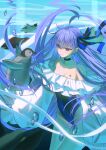  1girl absurdres bare_shoulders bird blue_eyes blue_ribbon breasts choker fate/grand_order fate_(series) frills hair_ribbon highleg highleg_one-piece_swimsuit highres light_(nightty45) long_hair long_sleeves meltryllis_(fate) meltryllis_(swimsuit_lancer)_(fate) meltryllis_(swimsuit_lancer)_(second_ascension)_(fate) off-shoulder_one-piece_swimsuit off_shoulder one-piece_swimsuit penguin puffy_sleeves purple_hair ribbon sleeves_past_fingers sleeves_past_wrists small_breasts swimsuit thighs underwater very_long_hair white_ribbon 