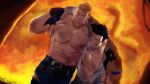  2boys abs arm_around_shoulder bara bare_pecs beard blonde_hair burnt character_request denim embers facial_hair fire gyee highres jeans large_pectorals male_focus mazjojo medium_hair multiple_boys muscular muscular_male navel nipples official_art open_clothes open_shirt pants peter_(gyee) shirtless stomach tied_hair torn_clothes torn_pants 