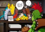 ambiguous_gender bandai_namco bodily_fluids box clothed clothing club_(weapon) container convenience_store d_sandy digimon digimon_(species) digimon_world emoji food goblimon human icon intimidation jacket leather leather_clothing leather_jacket leather_topwear male mameo mammal meat meat_on_bone melee_weapon mohawk screw seadramon selling sweat topwear weapon
