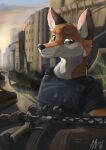  abandoned abandoned_building anthro ar_platform assault_rifle bulletproof_vest canid canine car city cityscape day ears_up explorer fox gun hi_res holding_object holding_weapon hotel looking_at_viewer male mammal post-apocalyptic ranged_weapon rifle smile solo solo_focus street street_lamp vehicle weapon wolfyalex96 
