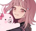  1girl bangs black_jacket blush closed_mouth commentary_request danganronpa_(series) danganronpa_2:_goodbye_despair face flipped_hair from_side hair_ornament hairclip jacket looking_at_viewer medium_hair monomi_(danganronpa) nanami_chiaki pink_eyes pink_hair shiny shiny_hair simple_background smile sudan_73_p 