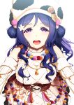  1girl alternate_hairstyle amagi_(volfuji) bangs birthday blue_hair breasts collarbone commentary_request detached_sleeves eyebrows_visible_through_hair hair_ornament hat highres large_breasts long_hair looking_at_viewer love_live! love_live!_sunshine!! matsuura_kanan purple_eyes shiny shiny_hair sidelocks solo wavy_hair 