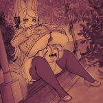 accessory animal_humanoid big_breasts boob_hat bow_ribbon breasts cakecatboy canid canid_humanoid canine canine_humanoid cinnamon_(cakecatboy) clothing female food fox_humanoid fruit hair hair_accessory hair_bow hair_ribbon hand_on_breast hi_res holding_breast huge_breasts humanoid long_hair looking_at_viewer mammal mammal_humanoid monochrome plant pumpkin ribbons sepia sitting smile smiling_at_viewer solo squish sweater thick_thighs thigh_squish topwear under_boob