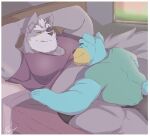  2021 anthro bed blue_body blue_fur border bottomwear canid canine canis clothed clothing cuddling duo eye_patch eyewear fur furniture grey_body grey_fur hands_behind_head hi_res inside lying male mammal multicolored_body multicolored_fur nintendo on_back on_bed on_bottom on_front on_top shadowmatamori shirt shorts signature smile star_fox topwear two_tone_body two_tone_fur ursid video_games white_border wolf wolf_o&#039;donnell 
