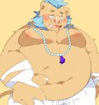  0119_muu 2021 anthro belly blush bottomwear brown_body brown_fur clothing fur gouryou kemono male mammal moobs navel nipples overweight overweight_male pants simple_background solo suid suina sus_(pig) tokyo_afterschool_summoners video_games wild_boar 